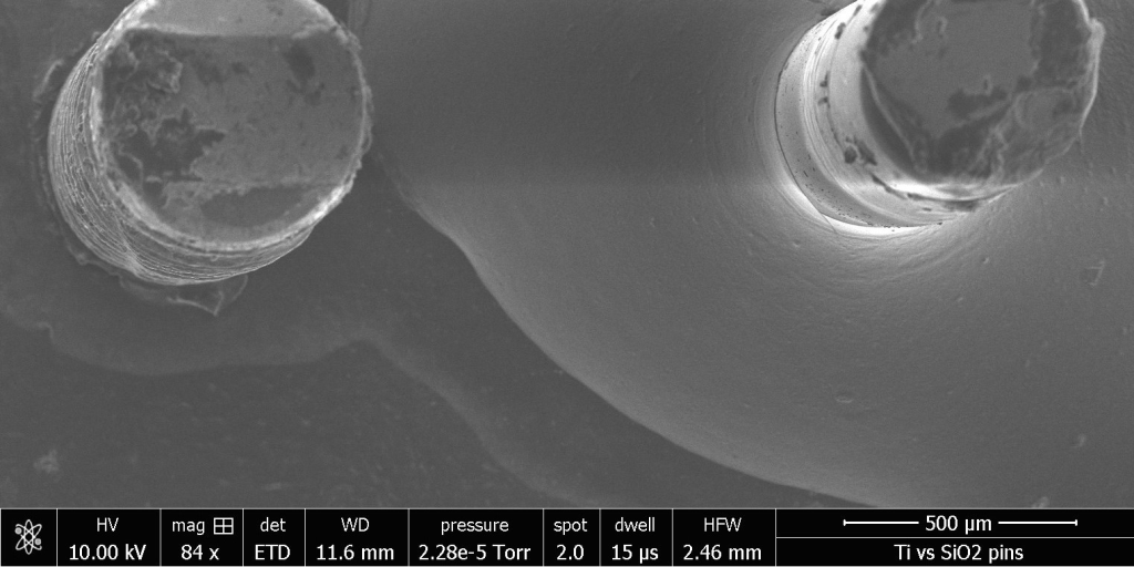 Electron microscope photo of fiber optic pin and titanium pin.